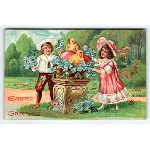 Easter Postcard Boy Girl Flowers Baby Chicks In Outside Garden Germany Antique